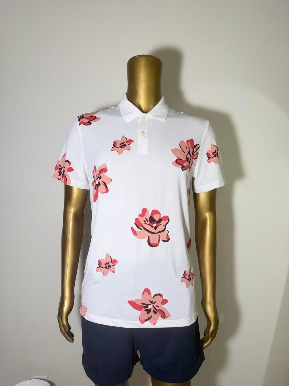 Express White Polo with Coral Pink Floral Print